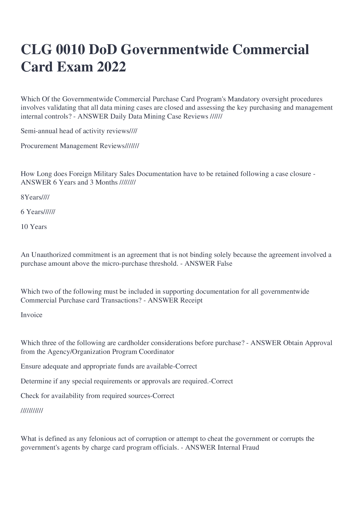 Preview image for CLG 0010 DoD Governmentwide Commercial Card Exam 2022